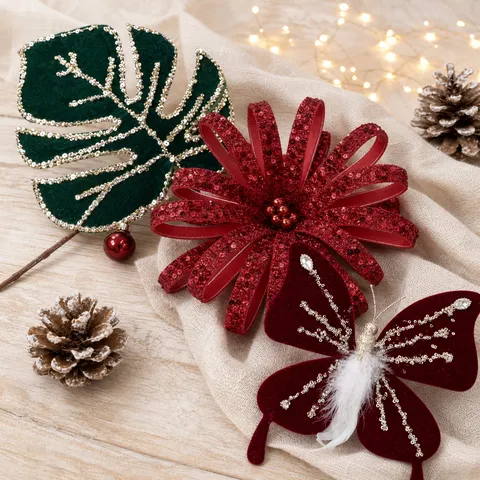 Décoration de Noël en Tissu Peint Papillon Feuille de Monstera Picks DIY Paillettes Strass Plume Sapin de Noël Ornements à Suspendre