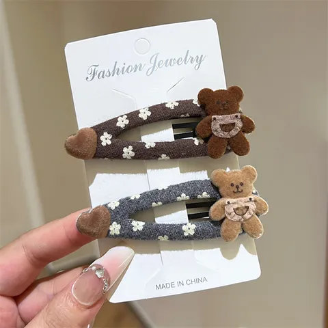 Vintage Floral Bear Fabric Snap Clip για Γυναίκες Κορίτσια Γλυκό Βελούδινο Heart Hairpin Cloth Art Bear Side Fringe Clip Αξεσουάρ Μαλλιών