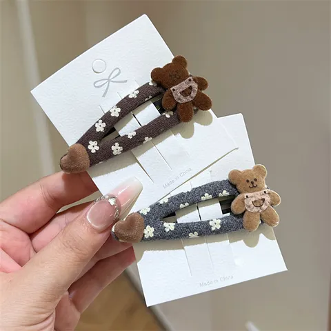 Vintage Floral Bear Fabric Snap Clip για Γυναίκες Κορίτσια Γλυκό Βελούδινο Heart Hairpin Cloth Art Bear Side Fringe Clip Αξεσουάρ Μαλλιών