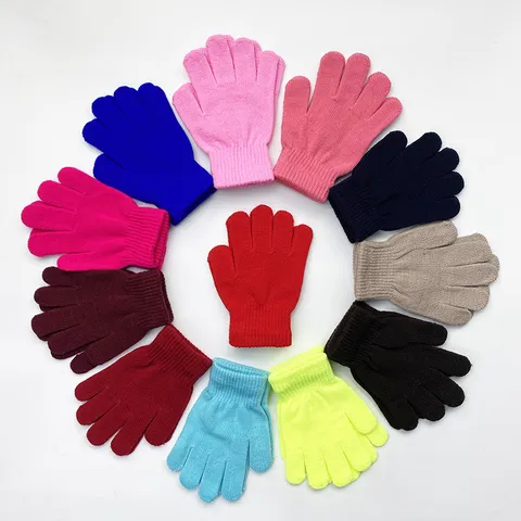 Kids Knitted Five Finger Gloves Solid Color Warm Winter Students Mittens Soft Acrylic Stretchy Elastic Ribbed Cuff Daily Outdoor Wear