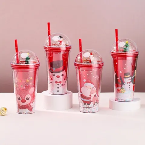 Double Walled Christmas Tumbler With Straw And Dome Lid Creative Cartoon Santa Snowman Reusable Plastic Travel Cup Holiday Gift
