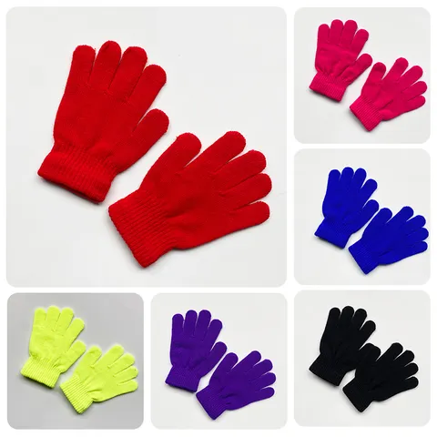 Kids Knitted Five Finger Gloves Solid Color Warm Winter Students Mittens Soft Acrylic Stretchy Elastic Ribbed Cuff Daily Outdoor Wear