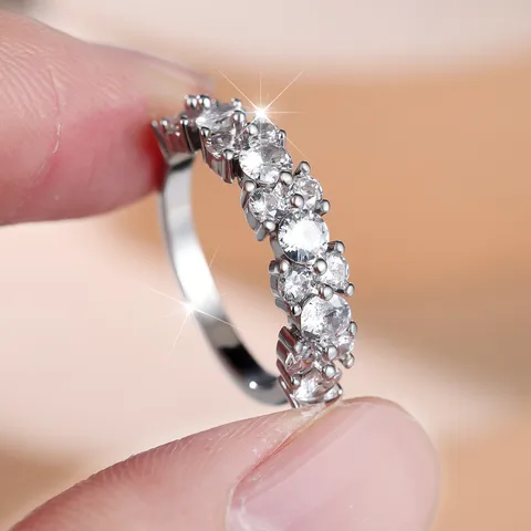 Staggered Round Zirconia Half Eternity Ring Copper Silver Plated Irregular Geometric Band For Women Light Luxury Jewelry