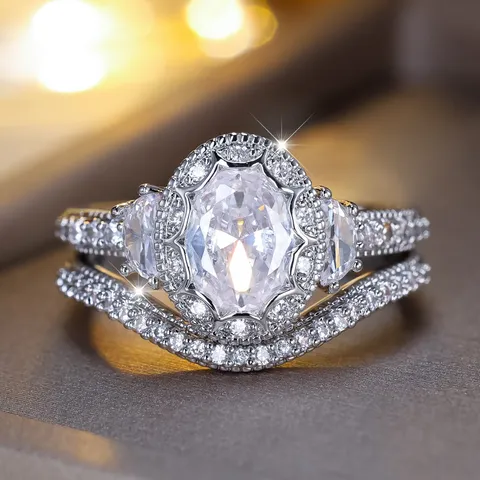 Conjunto de Anillos Apilables de Lujo con Estrás Halo Ovalado de Cobre Plateado Pavé Eternidad para Mujer Boda Compromiso