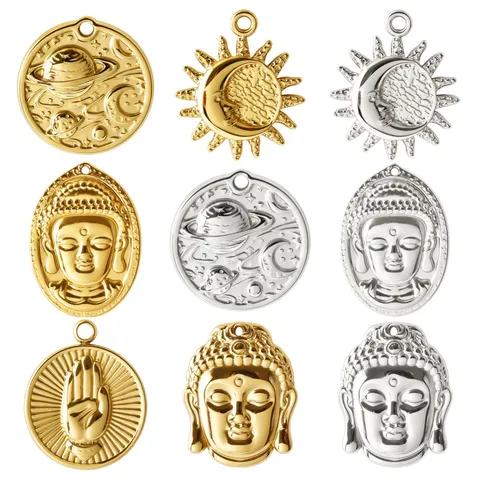 Breloques en Acier Inoxydable 304 Soleil Lune Planète Main Tête de Bouddha pour Fabrication de Bijoux DIY Colliers Bracelets Pendentifs Religieux Vintage