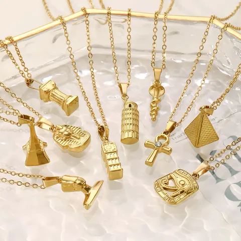 316L Stainless Steel Pendant Necklace For Women Egyptian Pharaoh Pyramid Ankh Cross Eye Of Horus World Landmark Jewelry