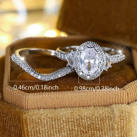 Conjunto de Anillos Apilables de Lujo con Estrás Halo Ovalado de Cobre Plateado Pavé Eternidad para Mujer Boda Compromiso