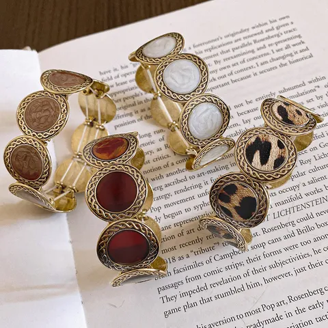 Bracciale Elastico Rotondo in Lega Vintage da Donna con Stampa Leopardata Cucita Lusso Leggero Drip Oil Catena Geometrica Gioielli Y2K