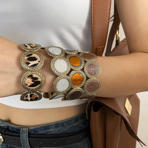 Bracciale Elastico Rotondo in Lega Vintage da Donna con Stampa Leopardata Cucita Lusso Leggero Drip Oil Catena Geometrica Gioielli Y2K