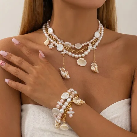 Bohemian Beach Vacation Artificial Pearl Necklace Shell Conch Pendant Retro Layered Waist Chain Body Chain Jewelry Women