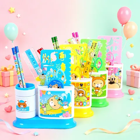 Kinder Cartoon Beer Briefpapier Set Met Pennenhouder Liniaal Potloden Schaar Bureau Organizer Voor Studenten Cadeau Schoolbenodigdheden