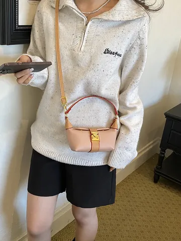 Borsa a Tracolla Mini in Pelle PU Vintage a Contrasto per Donna Borsa a Mano Retrò con Chiusura in Metallo e Tracolla Rimovibile