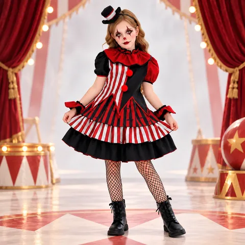 Mädchen Dunkler Zirkus Clown Halloween Kostüm Gestreift Bedruckt Polyester Kleid Set Für Kinder Karneval Bühne Performance Outfit