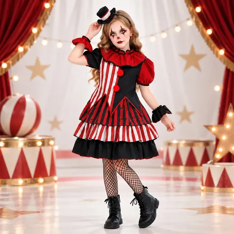 Mädchen Dunkler Zirkus Clown Halloween Kostüm Gestreift Bedruckt Polyester Kleid Set Für Kinder Karneval Bühne Performance Outfit