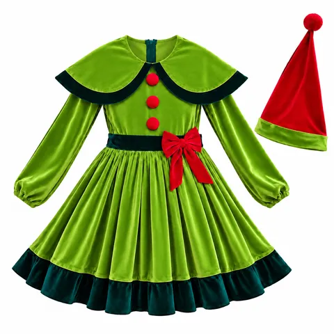 Costume da Elfo di Natale per Bambine Abito in Velluto di Poliestere Con Cappello Completo per Feste e Giochi di Ruolo
