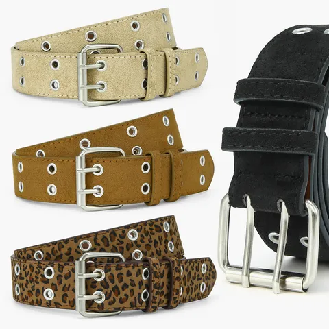 Cintura in Pelle PU Effetto Scamosciato Vintage per Donna Uomo Y2K Punk Doppia Fibbia ad Ardiglione Cintura con Occhielli