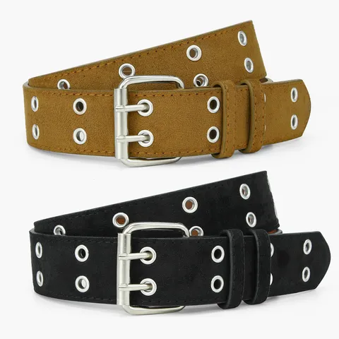 Cintura in Pelle PU Effetto Scamosciato Vintage per Donna Uomo Y2K Punk Doppia Fibbia ad Ardiglione Cintura con Occhielli