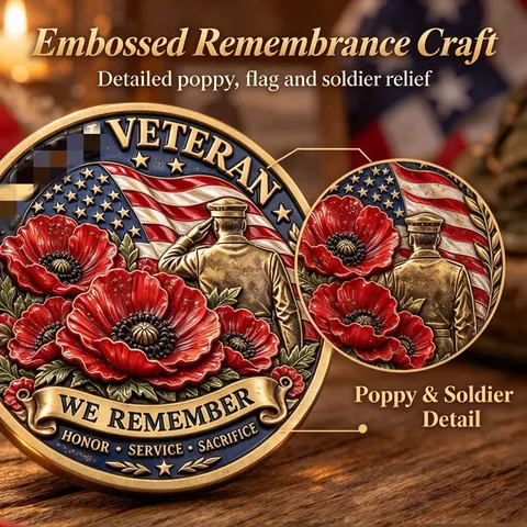 Veteran Commemorative Challenge Coin US Flag Poppy Flower Soldier Double Sided Relief Medal Antique Bronze Plated Alloy Collectible Gift