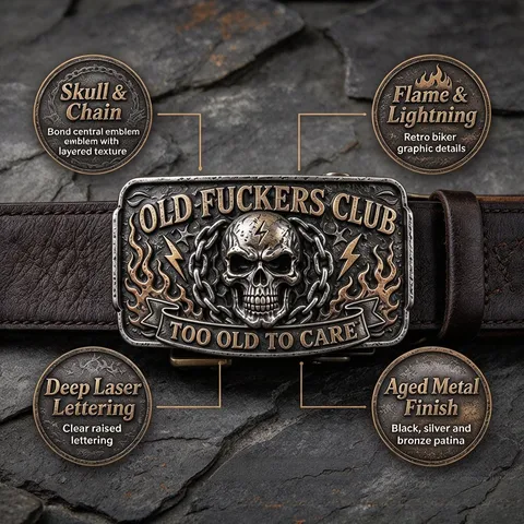 Old Fuckers Club Vintage Biker Style Alloy Belt Buckle For Men Skull Flame Embossed Metal Accessory For Jeans Casual Biker Fashion