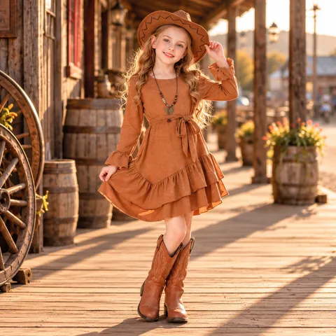 Robe de Costume de Cow-girl de l'Ouest pour Filles Manches Longues Volants Marron Polyester Robe Avec Ceinture pour Carnaval Performance Fête
