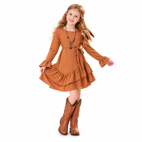 Robe de Cow-girl Occidentale pour Filles Manches Longues Volants Marron Costume de Spectacle Enfants Fête de Carnaval Avec Ceinture