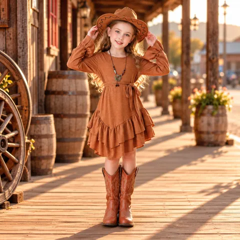 Robe de Costume de Cow-girl de l'Ouest pour Filles Manches Longues Volants Marron Polyester Robe Avec Ceinture pour Carnaval Performance Fête