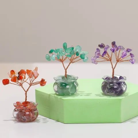 Natural Crystal Money Tree Mini Ornament Hand Woven Citrine Amethyst Healing Stone Prosperity Bonsai Decor For Office Home Desk