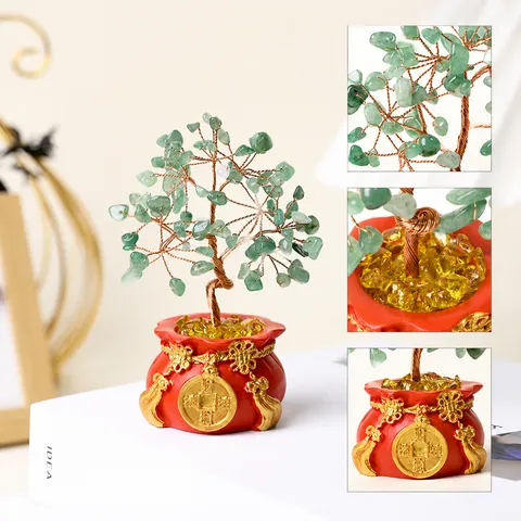 Árbol de Dinero de Cristal Natural Riqueza Fortuna Árbol Feng Shui Decoración Hogar Oficina Ornamento de Escritorio de Año Nuevo Base de Bolsa de Fortuna Roja