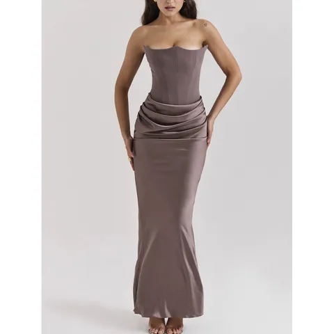 Women Strapless Backless Slim Fit Evening Gown Elegant Satin Draped Mermaid Maxi Dress For Wedding Party Formal Dress