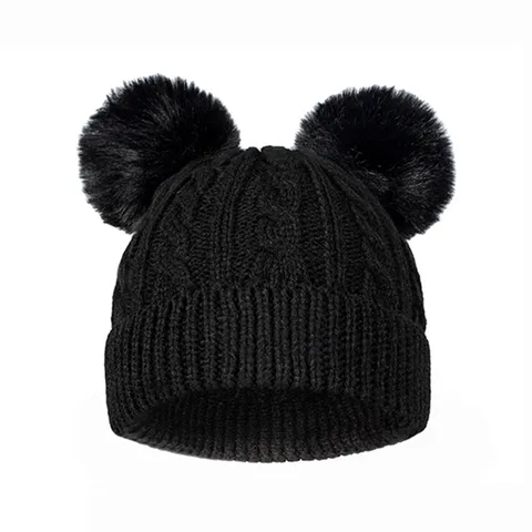 Toddler Baby Winter Warm Knit Hat Double Pom Pom Beanie Children Cold Weather Outdoor Knitted Cap For Boys Girls Acrylic