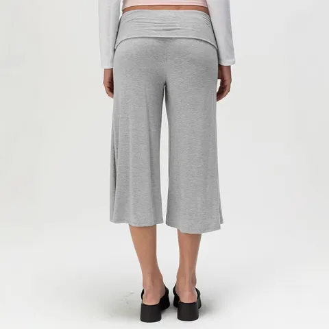 Women's Casual High Waist Fold-over Capri Pants Loose Wide Leg Summer Fashion Cropped Trousers Plain Striped Polyester Bottoms