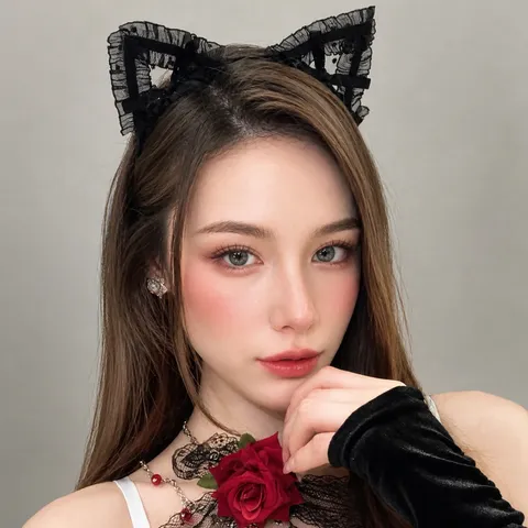 Gothik Halloween Schwarz Katzenohren Stirnband Weiß Rot Spitze Rose Masken Set Cosplay Party Damen Sweet Cool Schmuck