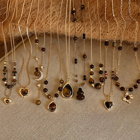 Vintage 18K Gold Plated Tiger's Eye Heart Pendant Necklace For Women Retro Meillard Style Brown Stone Rhinestone Clavicle Chain Jewelry
