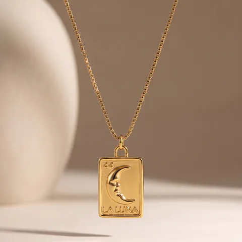 Vintage 18K Vergoldet 304 Edelstahl Mond Anhänger Halskette Rechteckig La Luna Tarot Stern Schmuck Geschenk Für Damen