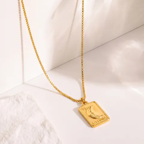 Vintage 18K Vergoldet 304 Edelstahl Mond Anhänger Halskette Rechteckig La Luna Tarot Stern Schmuck Geschenk Für Damen