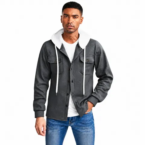 Veste Homme Casual Printemps Automne Jacquard Manches Longues Splicing Bloc de Couleur Capuche Boutons Mode Vêtements