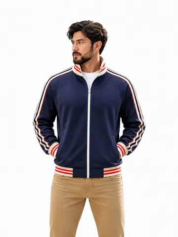 Veste de Sport Décontractée à Col Montant pour Hommes avec Sangle Rayée Sweatshirt à Fermeture Éclair Manches Longues pour Automne Hiver