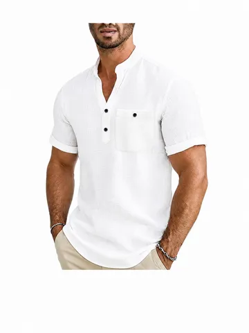Polo Henley pour Hommes Mélange de Lin Manches Courtes Décontracté Été Top Avec Poche Poitrine Texture Gauffrée Vacances Mode