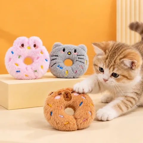 Cute Animal Donut Shaped Catnip Plush Toy For Cats Soft Squeaky Crinkle Paper Interactive Molar Teeth Cleaning Pet Toy