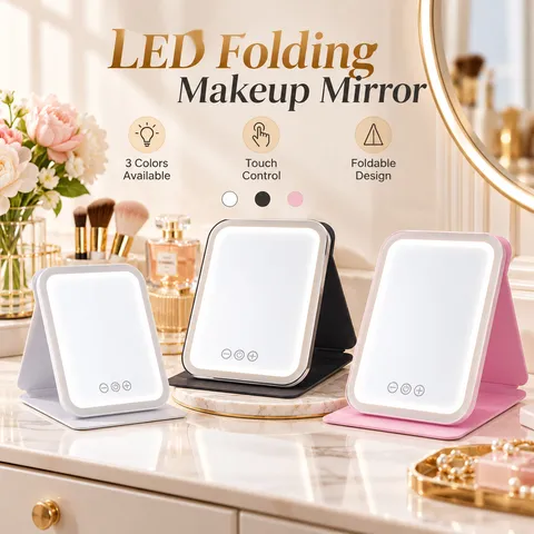 Espejo de Maquillaje LED Portátil con Cubierta de Cuero PU Espejo de Tocador Plegable con Iluminación Control Táctil Tres Modos de Luz