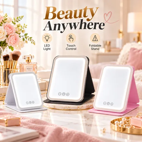 Espejo de Maquillaje LED Portátil con Cubierta de Cuero PU Espejo de Tocador Plegable con Iluminación Control Táctil Tres Modos de Luz