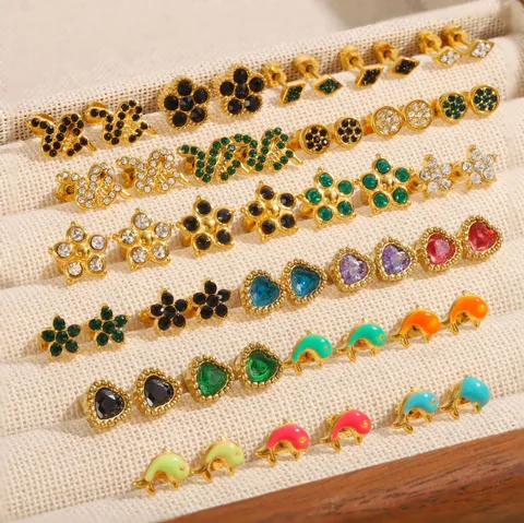 Pendientes de Botón de Serpiente Geométrica de Acero Inoxidable para Mujer Joyería Fina Bañada en Oro con Diamantes de Imitación y Perlas Artificiales