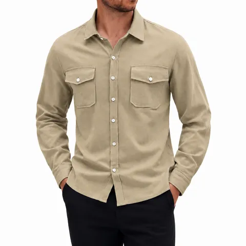 Chemise à Manches Longues en Lin Décontractée pour Hommes Avec Doubles Poches Poitrine Couleur Unie Coupe Relax