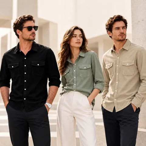 Chemise à Manches Longues en Lin Décontractée pour Hommes Avec Doubles Poches Poitrine Couleur Unie Coupe Relax