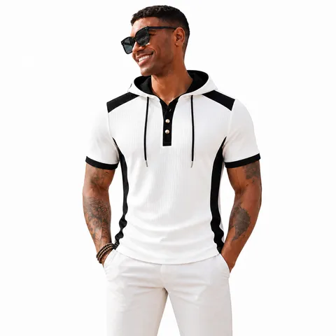 Herren Kapuzen T-Shirt Polyester Waffelstrick Farbblock Slim Fit Henley Ausschnitt Kurzarm Sportlich Lässig Pullover Top