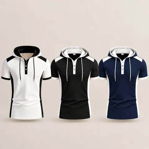 T-Shirt à Capuche pour Hommes en Polyester Texture Gaufre Bloc de Couleur Coupe Ajustée Col Henley Manches Courtes Sportif