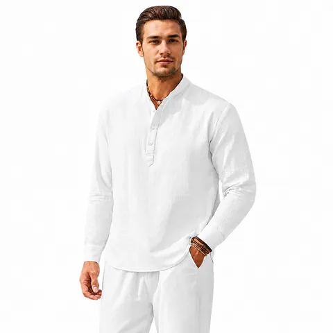 Chemise Décontractée en Lin pour Hommes Manches Longues Couleur Unie Col Mao