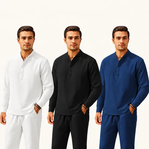Chemise Décontractée en Lin pour Hommes Manches Longues Couleur Unie Col Mao