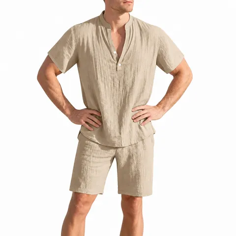 Ensemble Deux Pièces Chemise à Manches Courtes et Short en Mélange de Lin Casual Été Homme Vacances Plage Ample