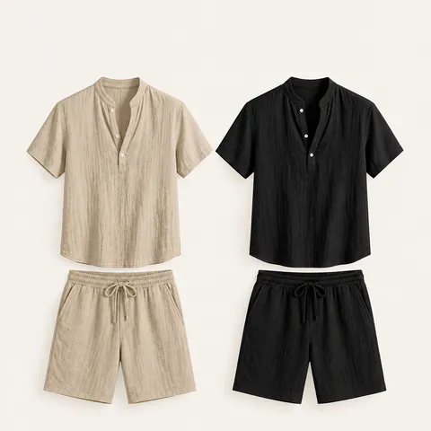 Ensemble Deux Pièces Chemise à Manches Courtes et Short en Mélange de Lin Casual Été Homme Vacances Plage Ample